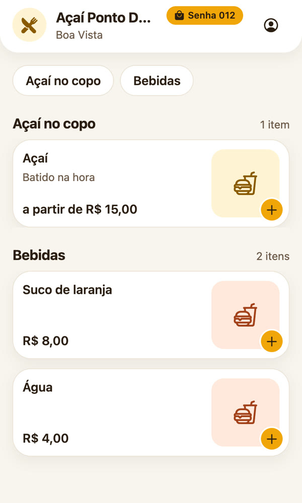 Tela do app EGG: cardápio de uma lanchonete com categorias, preços e botão de adicionar