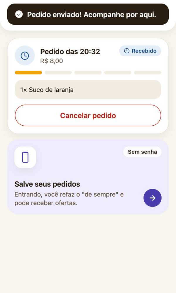 Tela do app EGG: pedido enviado, com a etapa atual e os itens